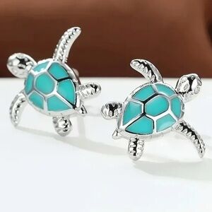 Turquoise and Silver Tone Sea Turtle Earrings
